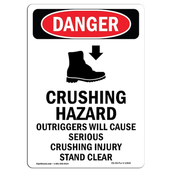 Safety Sign, OSHA Danger, 5" Height, Crushing Hazard Outriggers, Portrait, 10PK
